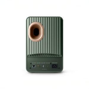 Rear view of a green speaker with ports.