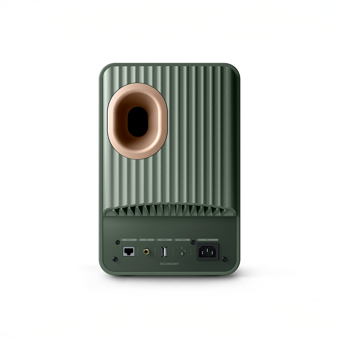 Rear view of a green speaker with ports.
