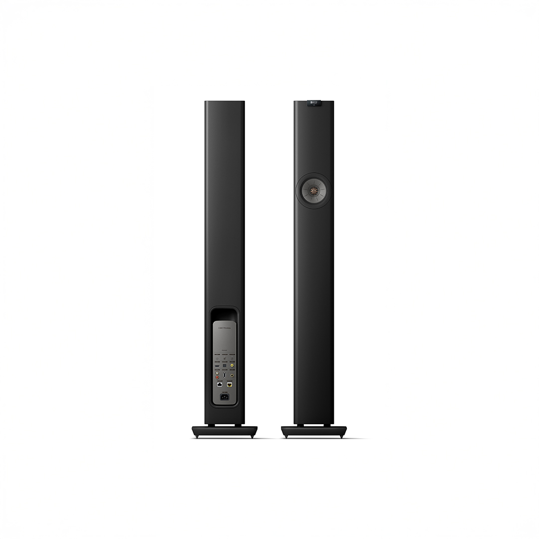 Tall black speakers with connectivity ports and controls.