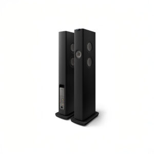 Black tower speakers with multiple drivers