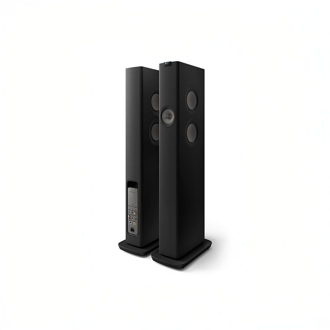 Black tower speakers with multiple drivers