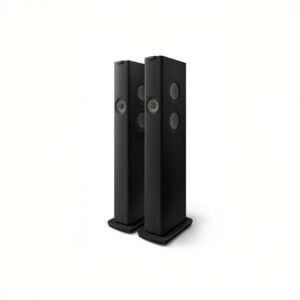 Two black tower speakers on white background.