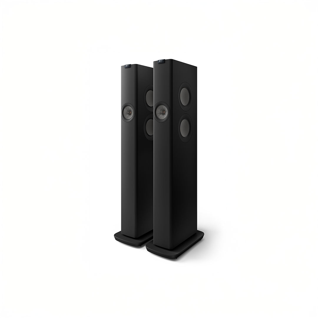 Two black tower speakers on white background.