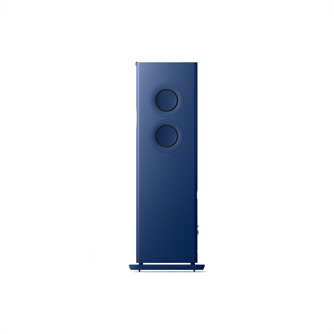 Blue floor-standing speaker with dual drivers
