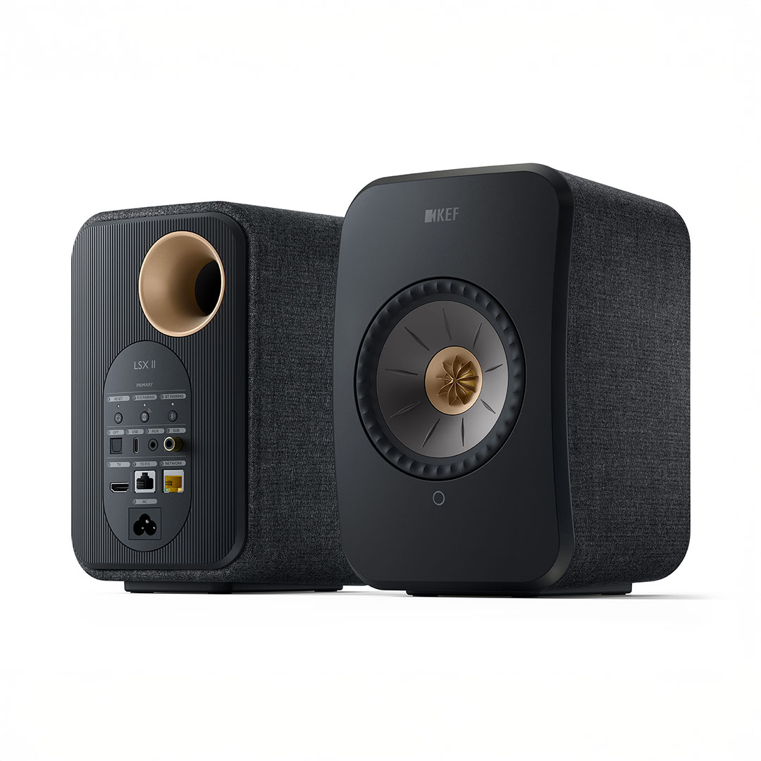 Black KEF LSX II wireless speaker pair, side view.