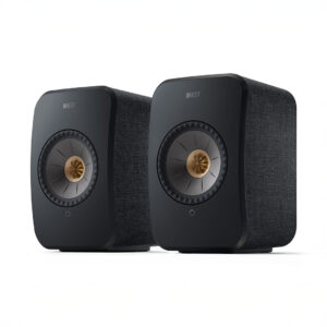 High-quality black wireless speakers with gold accents.