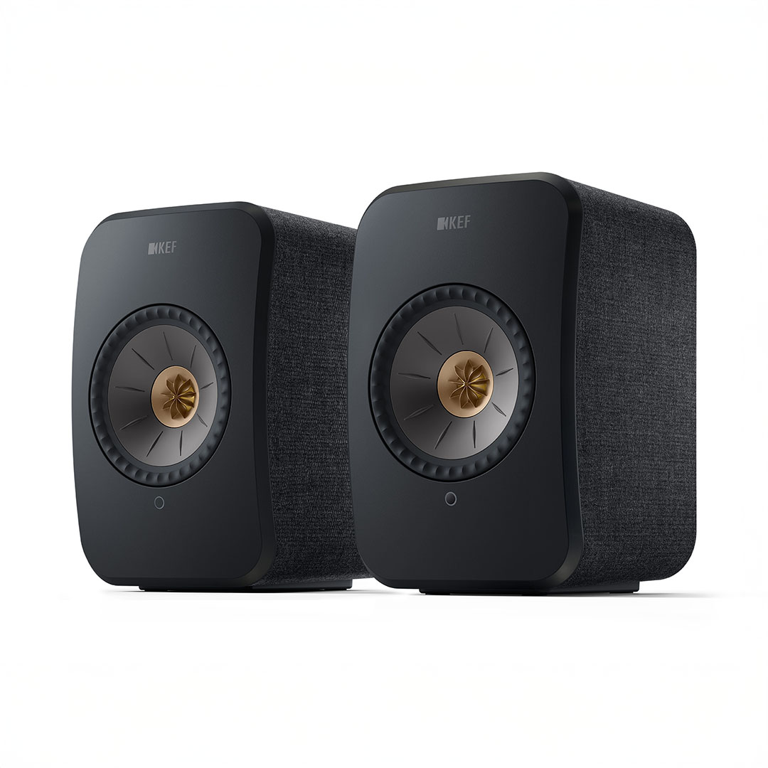 High-quality black wireless speakers with gold accents.
