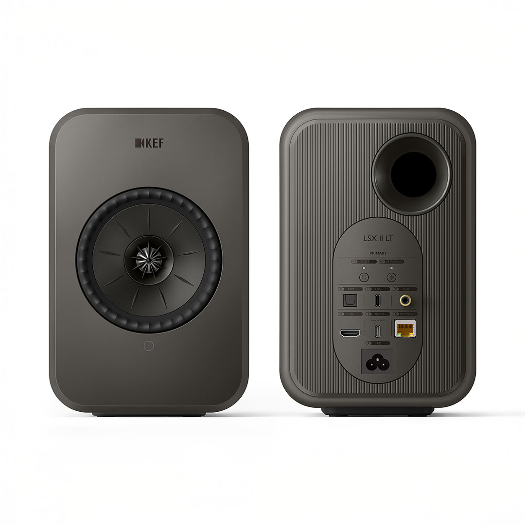 KEF LSX II wireless speakers front and rear view.