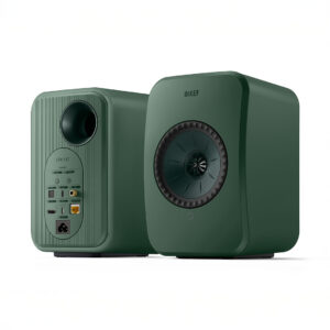 Green KEF speakers, modern design, front and back view.