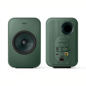Green KEF LSX II speakers, front and back view.