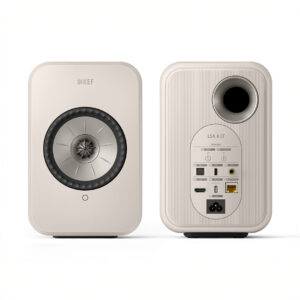 White KEF LSX II speakers front and back view.