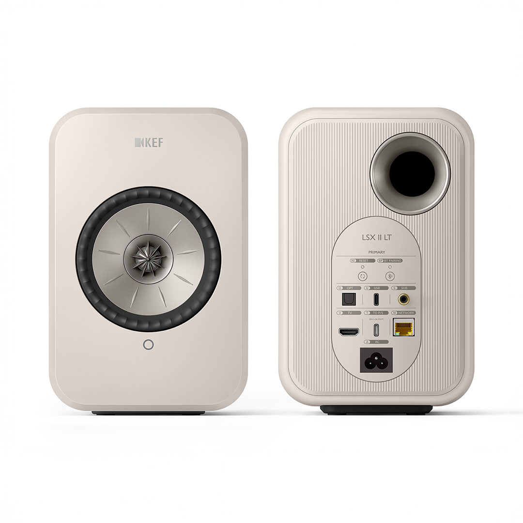 White KEF LSX II speakers front and back view.