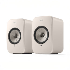 White KEF speakers on display