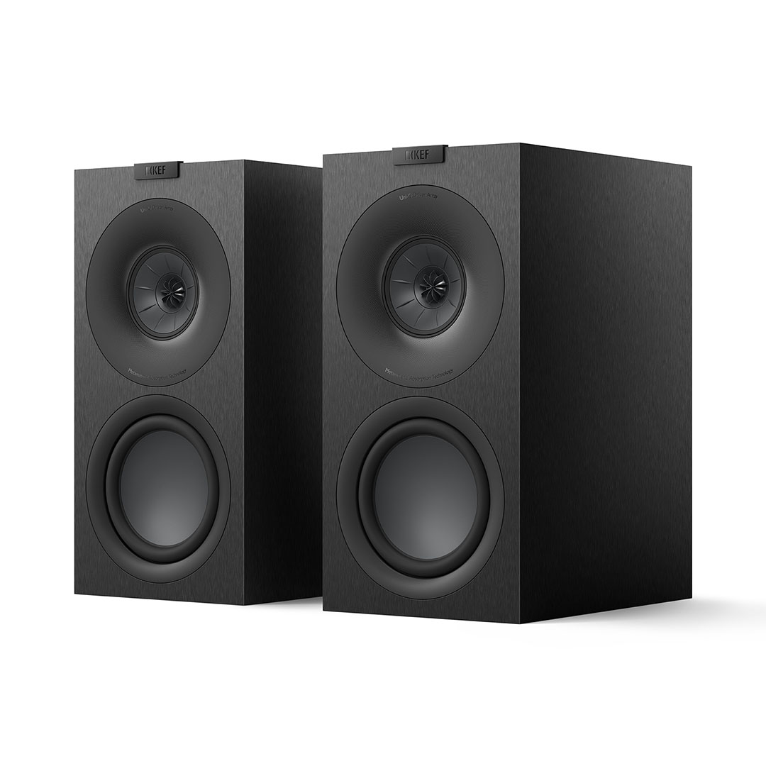 Black floor-standing speakers with modern design.