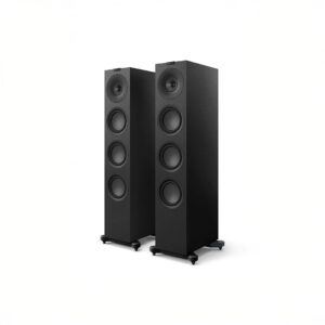 Two black tower speakers with multiple drivers.