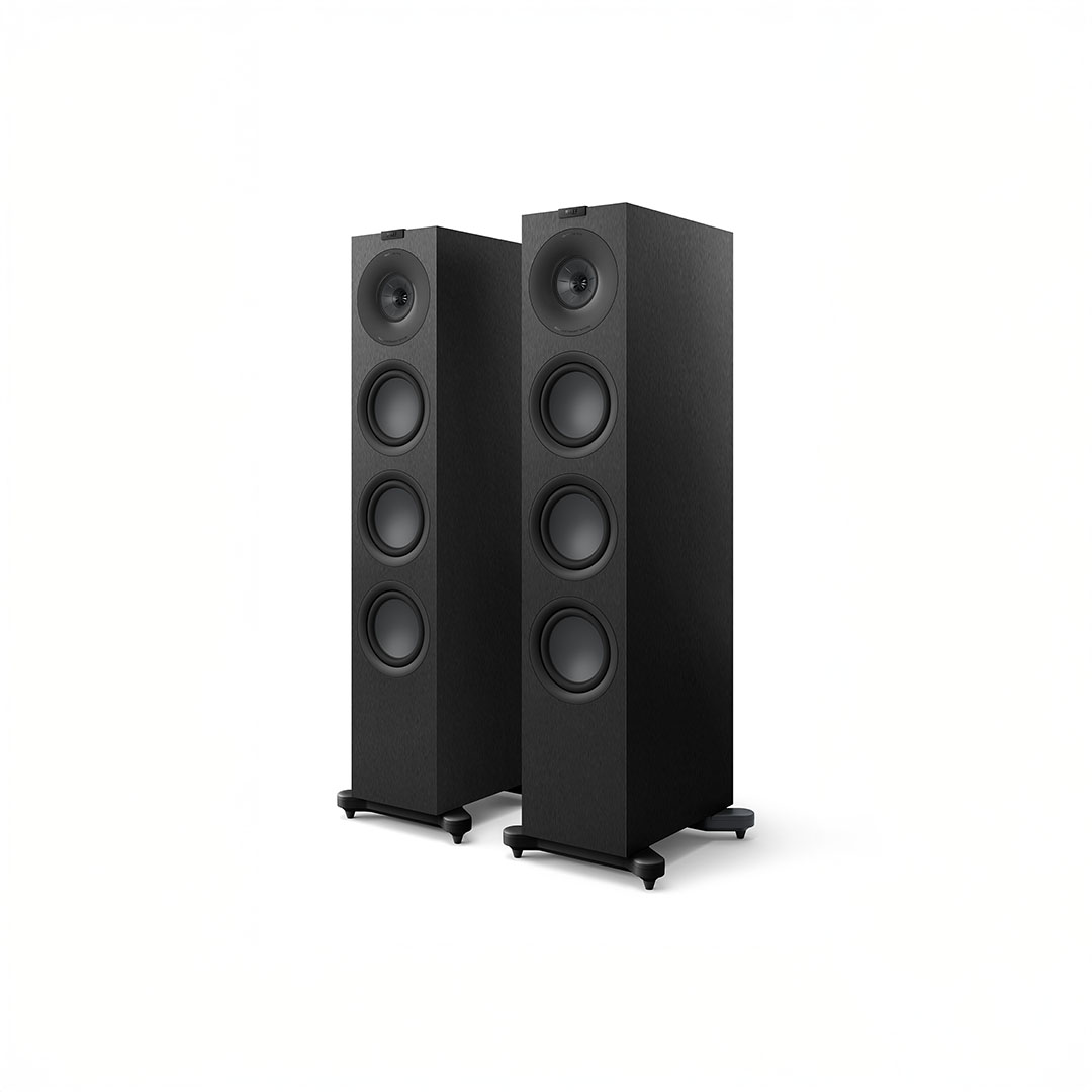 Two black tower speakers with multiple drivers.