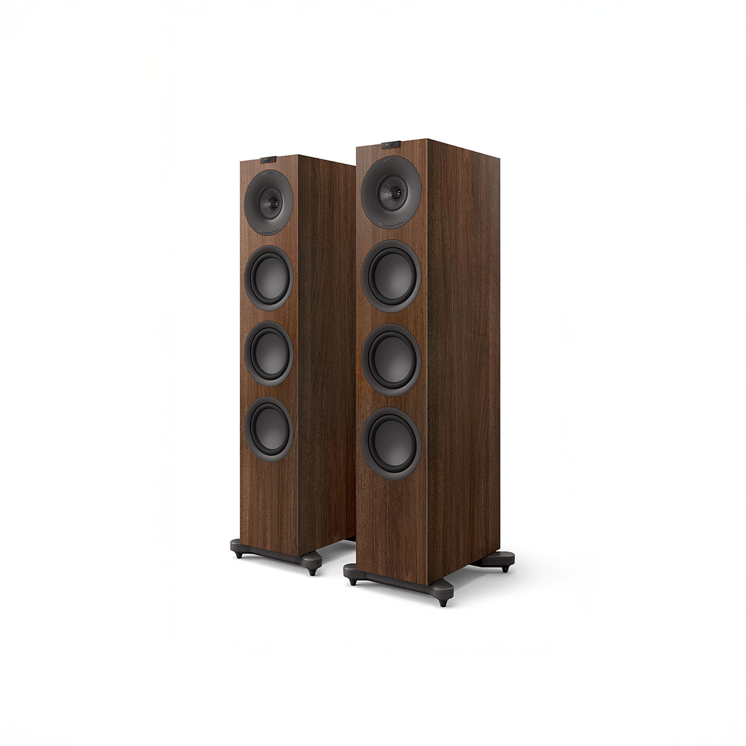 Two wooden floor-standing speakers with five drivers each.