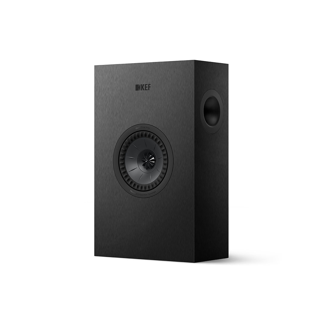 Black KEF speaker on white background