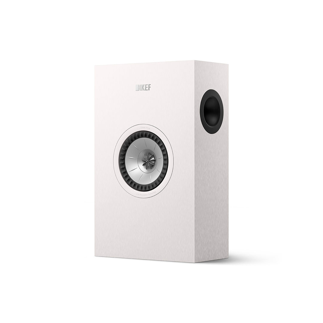 White KEF speaker with Uni-Q technology.
