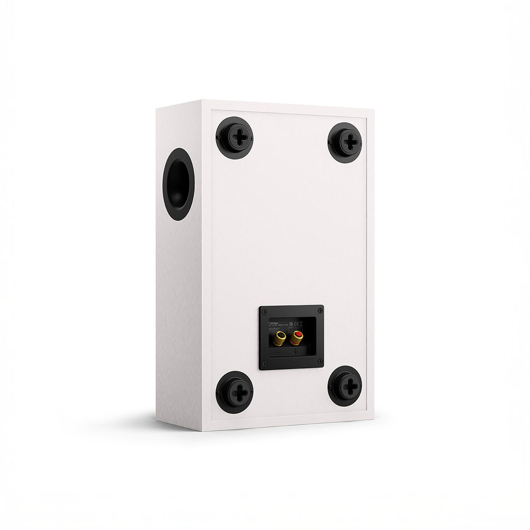 White speaker rear view with connectors.