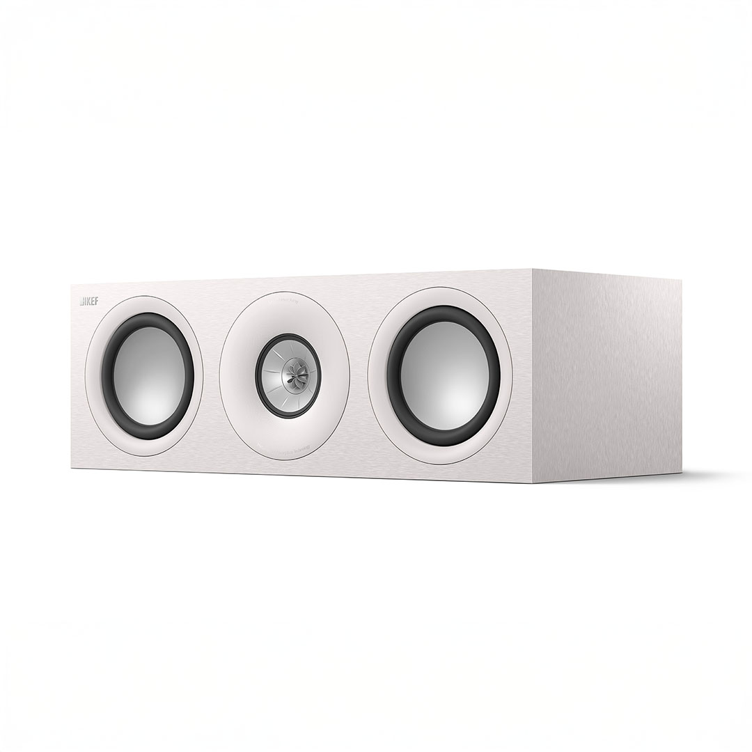 Stylish white three-driver home audio speaker.
