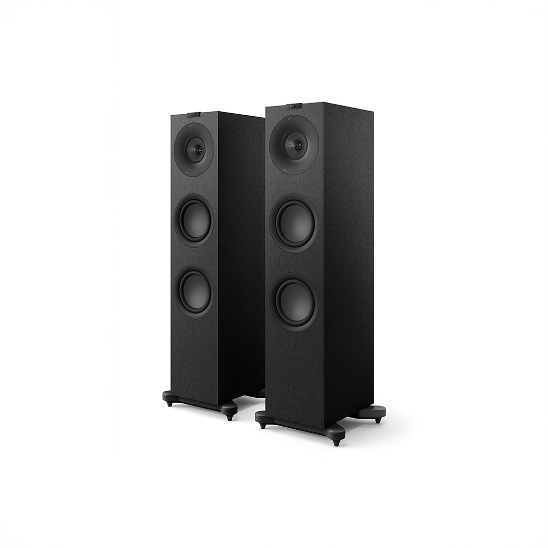 Black floor-standing speakers, modern audio equipment.