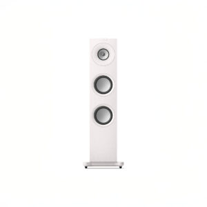 White floor-standing speaker with three drivers