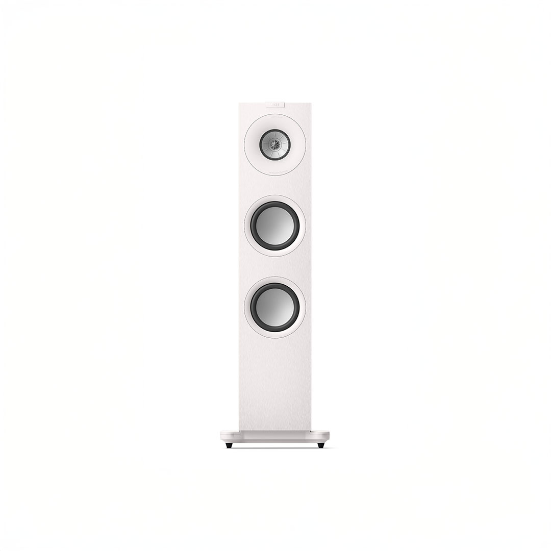 White floor-standing speaker with three drivers