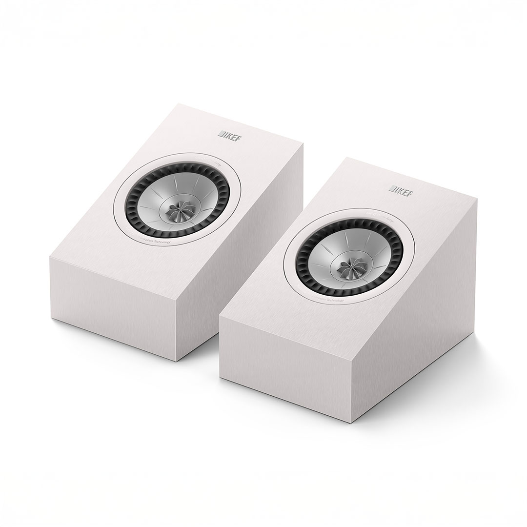 Pair of sleek modern speakers on white background.