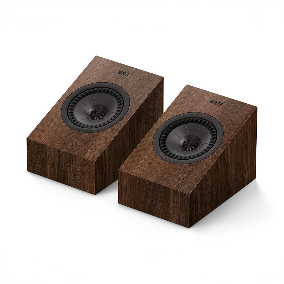 Wooden speakers with black circular drivers.