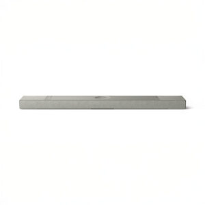 Sleek gray soundbar with button detail