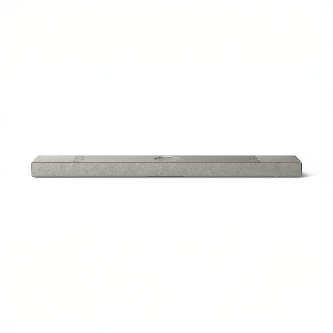 Sleek gray soundbar with button detail