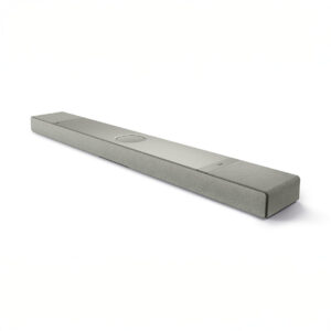 Modern gray soundbar on white background.