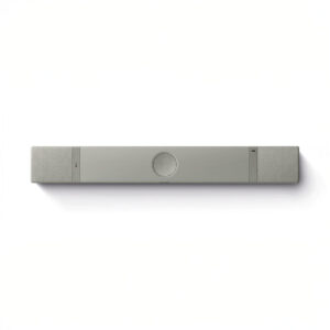 Gray soundbar with simple, modern design on white background.