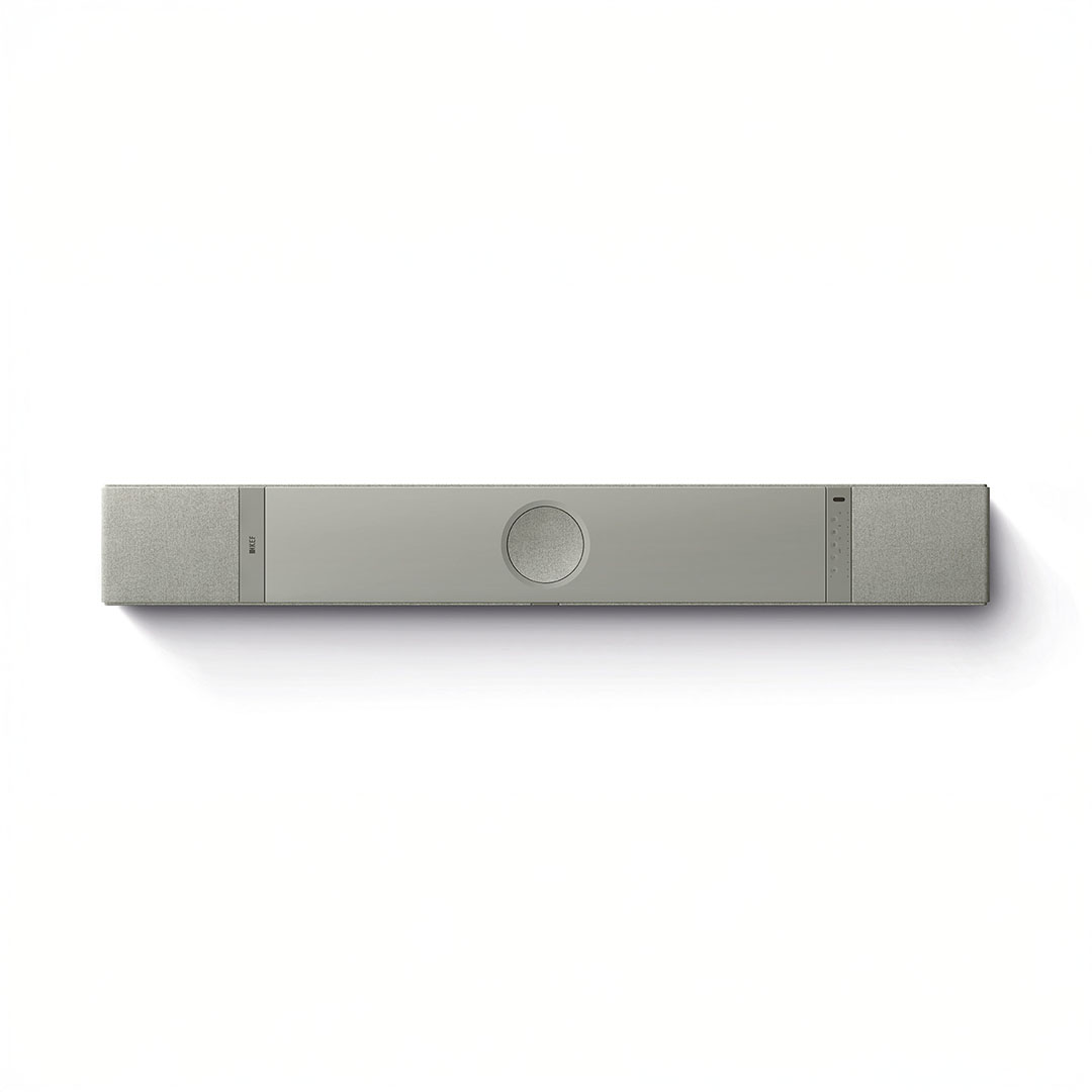 Gray soundbar with simple, modern design on white background.