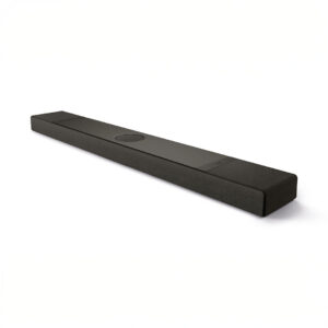 Black soundbar with sleek design on white background.