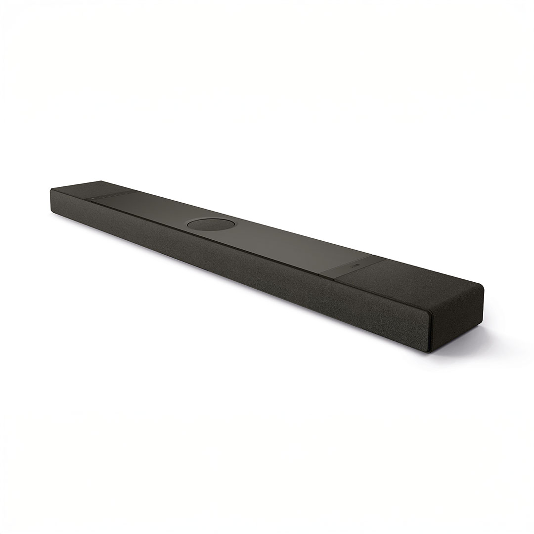 Black soundbar with sleek design on white background.