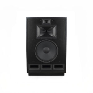 Large black speaker with horn design.