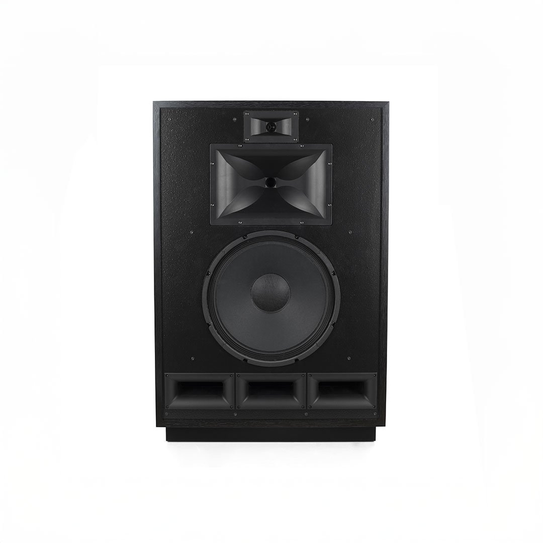Large black speaker with horn design.