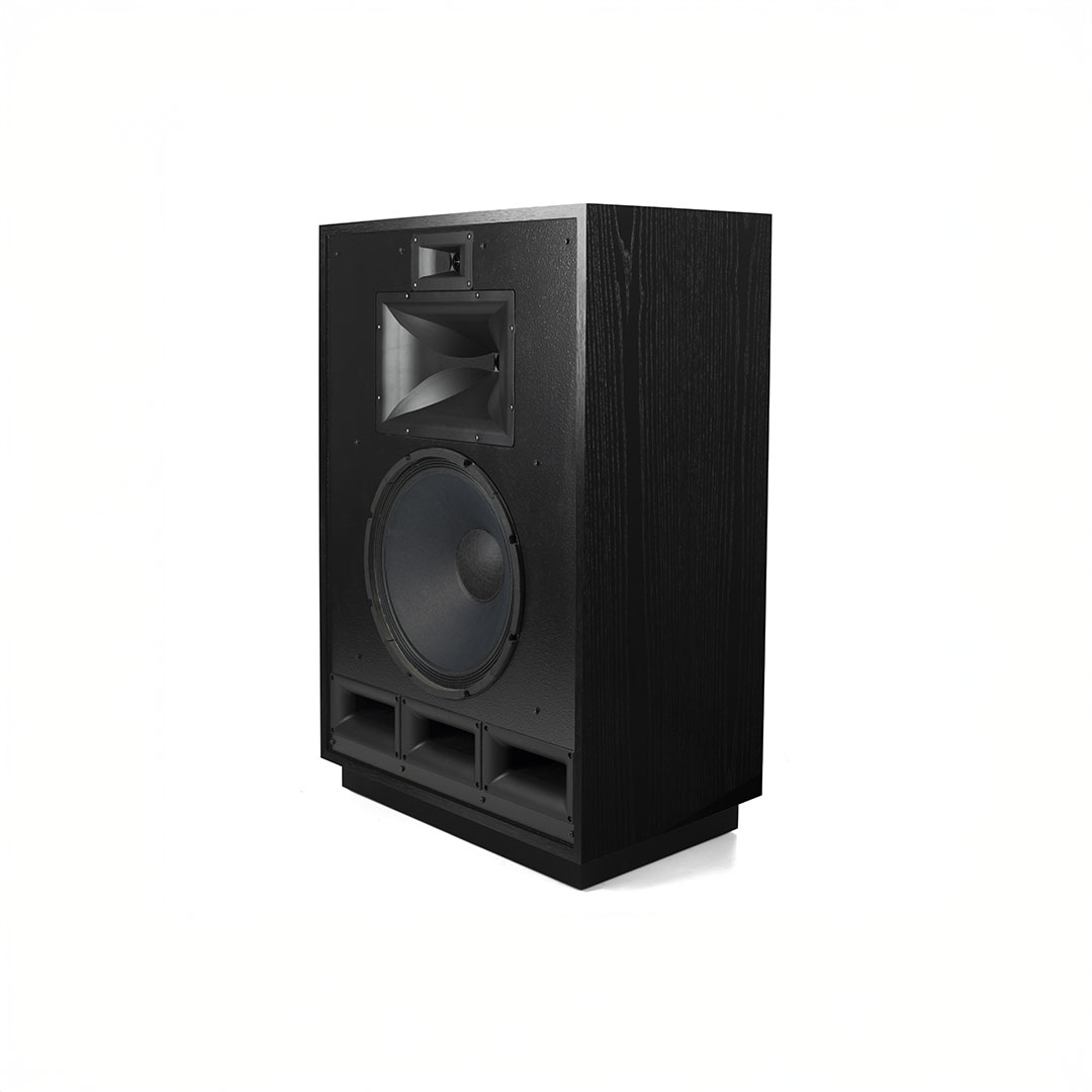 Large black professional audio speaker.