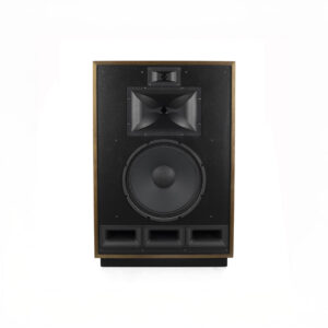 Large black audio speaker with wooden frame.