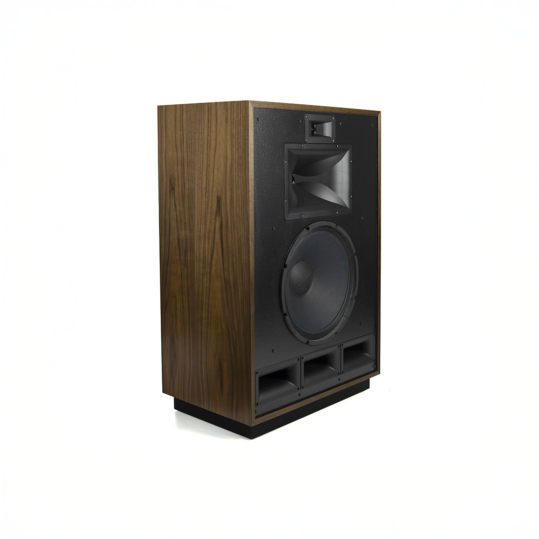 Wooden speaker with large black woofer