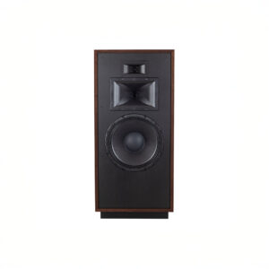 High-performance black audio speaker with wooden accents