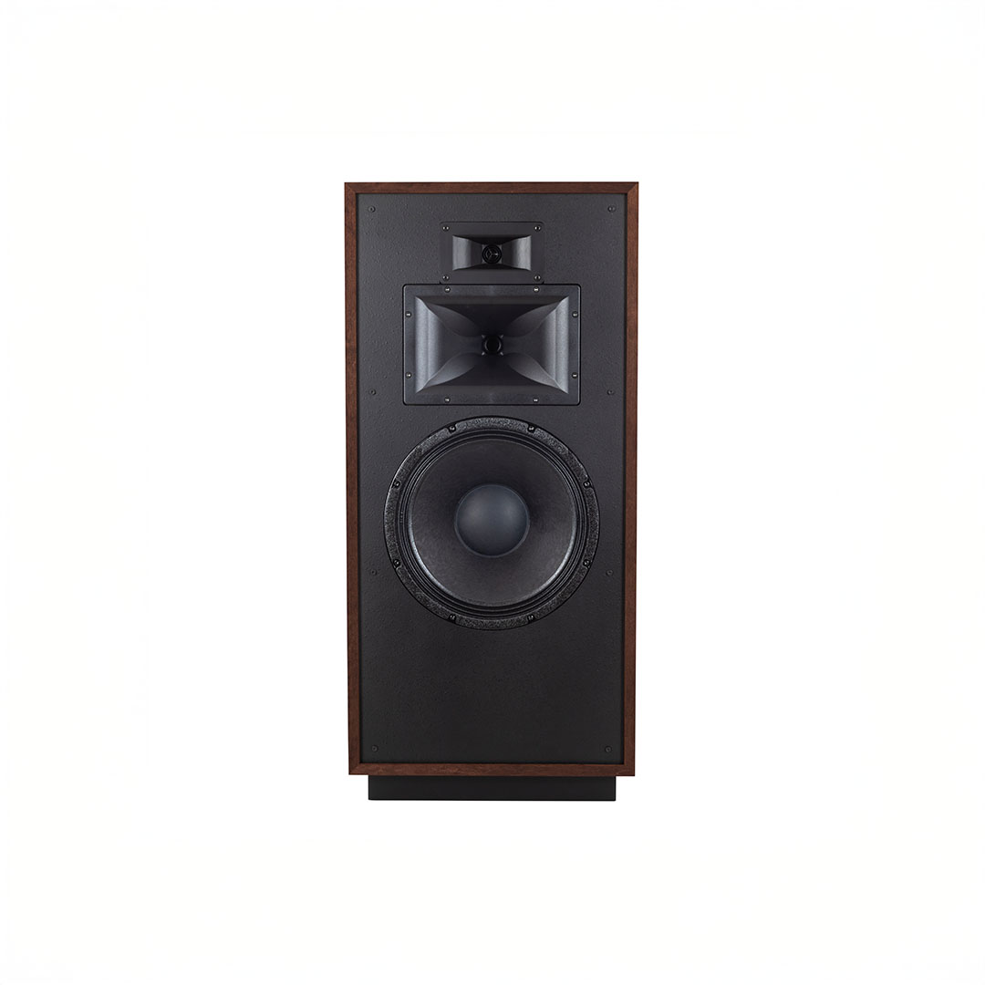 High-performance black audio speaker with wooden accents