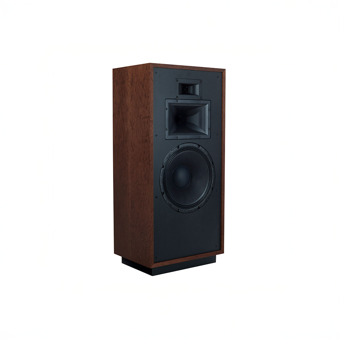 Wooden floor-standing speaker with black front panel.