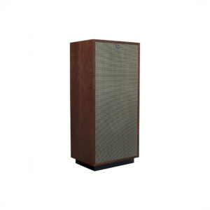 Wooden vintage speaker with fabric grille.