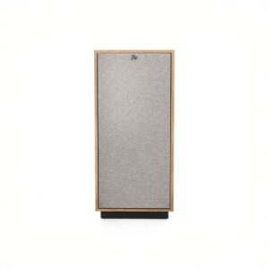 Vintage speaker with wooden frame and gray fabric.