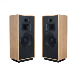 Pair of wooden speakers with black fronts.