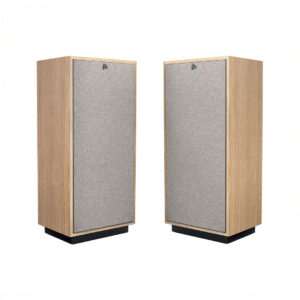 Pair of wooden tower speakers with gray fronts