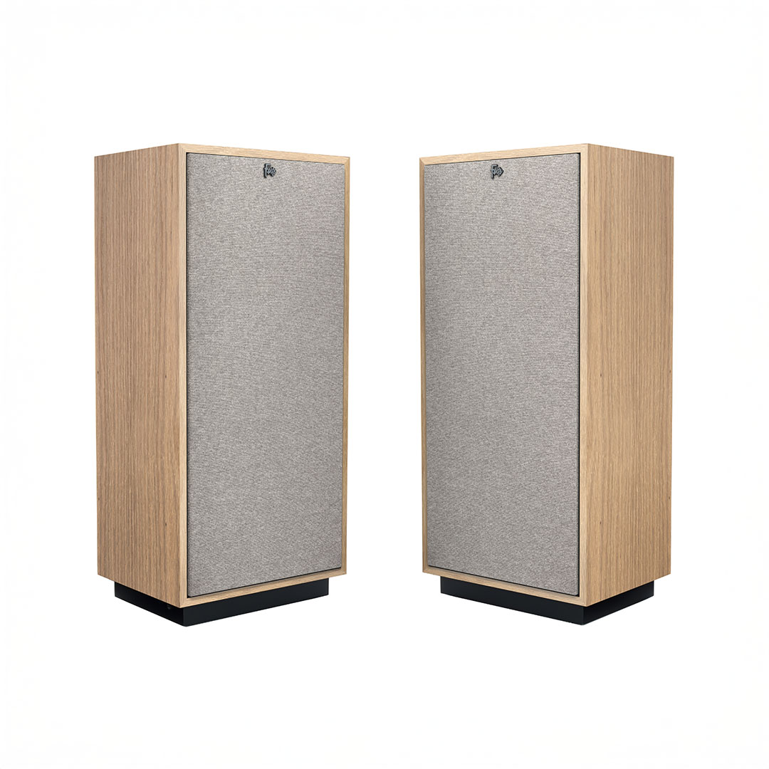 Pair of wooden tower speakers with gray fronts